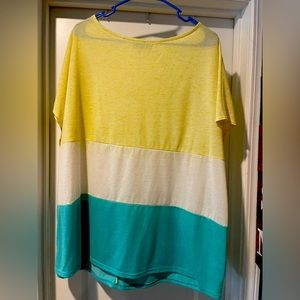 Over-size summer knit top, size XL, yellow, blue and cream block